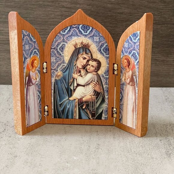 Madonna delia Salute Angels Print 4" Wooden Hinged Triptych Vatican Religious - Picture 1 of 8
